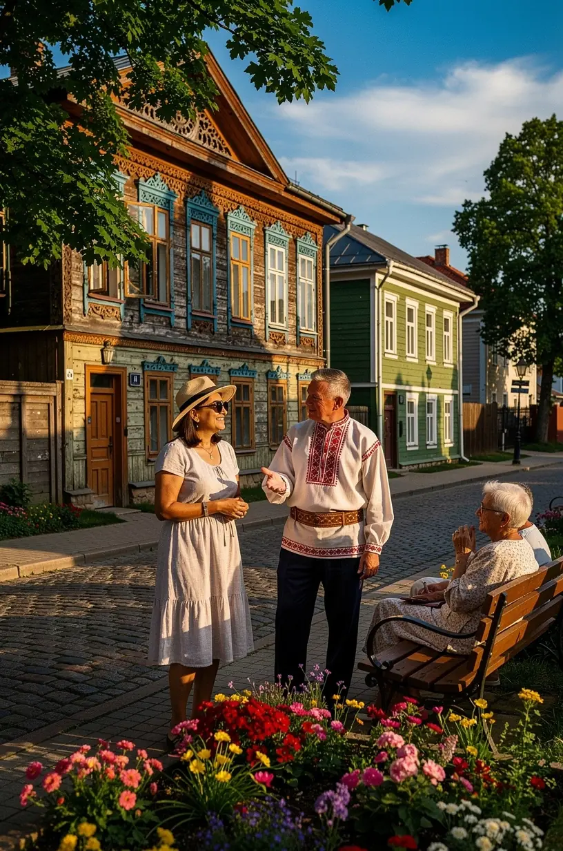 Rīgas jūgendstila ēku fasādes ar detalizētu arhitektūras rotājumu un koka arhitektūras elementiem klātā apkārtnē.