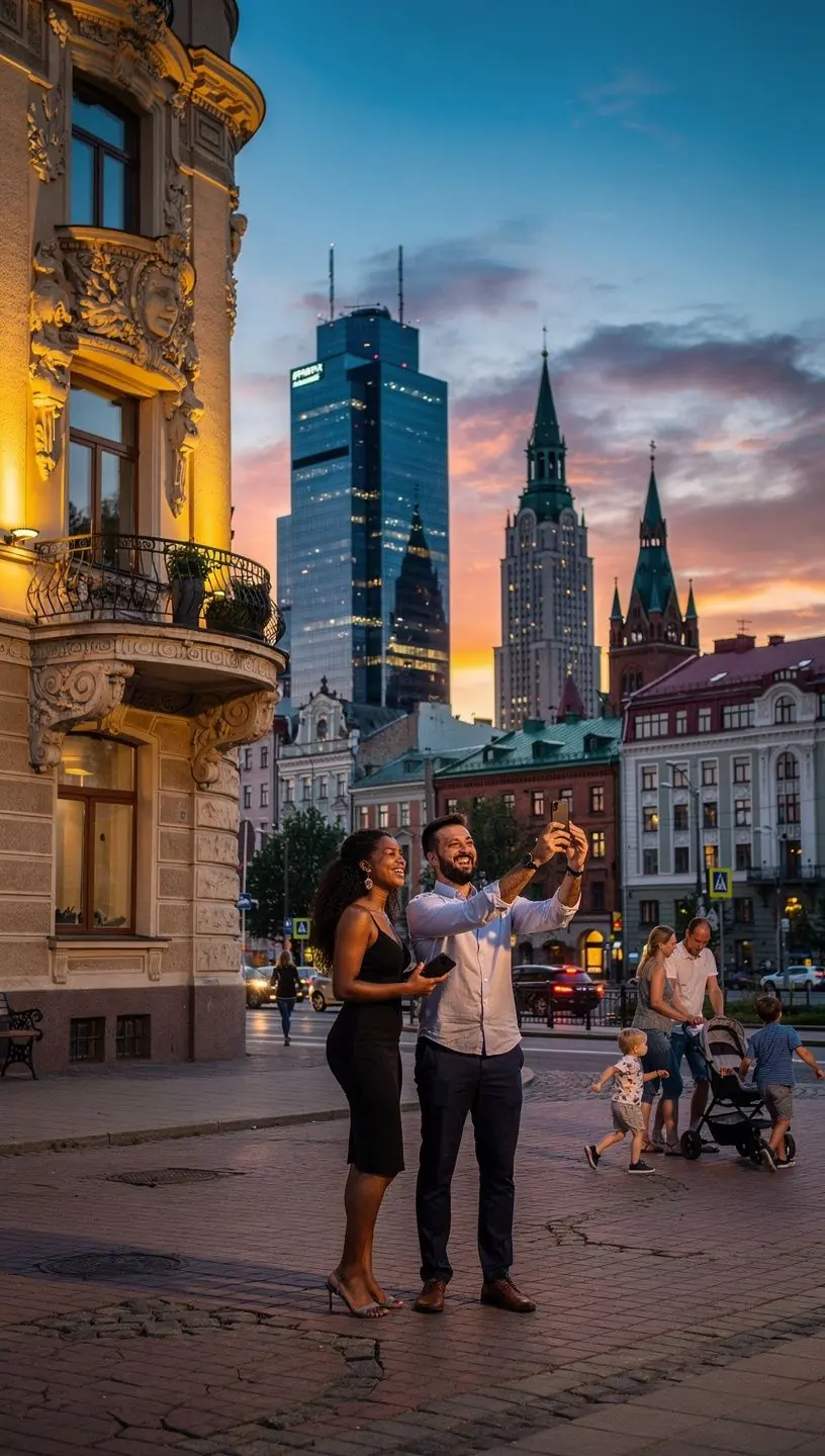 Pastaigu ceļš pa Rīgas vecpilsētas bruģētajām ielām, kur redzamas gan vēsturiskas, gan modernās ēkas.